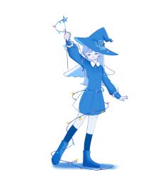  1girl arm_up black_socks blue_boots blue_dress blue_hair blue_hat blue_theme blush boots christmas_lights closed_eyes closed_mouth collared_dress commentary_request contrast_collar dress flower frills full_body hat hat_flower heel_up highres holding holding_wand kneehighs long_hair long_sleeves original pleated_dress puffy_long_sleeves puffy_sleeves shadow short_dress simple_background smile socks solo sskitaco standing star_wand tilted_headwear turning_head wand white_background white_wings wide_brim wings witch_hat wrapped_up 
