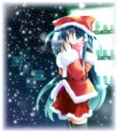  animal_hat blue_hair christmas hat long_hair santa santa_costume skirt thighhighs 