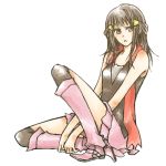  boots brown_eyes brown_hair buzz hikari_(pokemon) kneehighs long_hair lowres pokemon scarf sitting sleeveless_shirt socks solo 