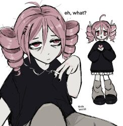  1girl ahoge artist_name bags_under_eyes black_nails black_shirt black_shoes cigarette drill_hair english_text ershmash grey_leg_warmers hair_between_eyes hair_ornament hair_ribbon hairclip hand_up holding holding_cigarette kasane_teto leg_warmers long_sleeves nail_polish pleated_skirt ranguage red_hair ribbon shirt shoes short_hair short_sleeves skirt smoke solo twin_drills utau white_ribbon white_skirt 