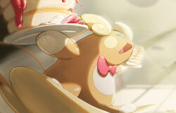  :d alolan_raichu animal_focus animal_hands blue_eyes bow bowtie draw_pann33 floating food fruit full_body grey_background highres looking_to_the_side no_humans open_mouth orange_fur pancake pink_bow pink_bowtie pokemon pokemon_(creature) pokemon_focus simple_background smile strawberry strawberry_slice surfing yellow_fur 