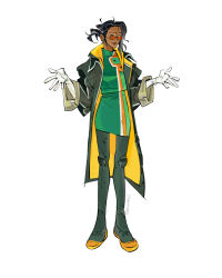  1girl andrea_(knights_of_guinevere) black_hair black_pantyhose closed_mouth commentary dark-skinned_female dark_skin english_commentary gloves green_shirt green_skirt grey_jacket highres jacket knights_of_guinevere orange-tinted_eyewear pantyhose pencil_skirt ponytail round_eyewear shirt shoes signature simple_background skirt solo tinted_eyewear vickychendraws w_arms white_background white_gloves yellow_shoes 