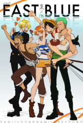  1girl 4boys absurdres arm_up bare_shoulders black_boots black_hair black_jacket black_necktie black_pants blonde_hair blue_shirt boned_meat boots brown_boots brown_eyes brown_hat brown_overalls carrying character_name clenched_hand closed_eyes collarbone collared_shirt commentary_request curly_eyebrows earrings flower food formal_clothes full_body goggles goggles_on_headwear green_eyes hand_on_another&#039;s_arm hat heart highres holding holding_flower holding_food jacket jewelry katana long_sleeves meat miniskirt monkey_d._luffy multiple_boys nami_(one_piece) necktie one_piece open_mouth orange_hair overalls pants parted_lips piggyback plytometo red_shirt roronoa_zoro sandals sanji_(one_piece) scar scar_on_cheek scar_on_face shirt short_hair short_sleeves shorts skirt sleeveless sleeveless_shirt standing standing_on_one_leg straw_hat straw_hat_pirates striped_clothes striped_shirt suit sweatdrop sword two-tone_shirt usopp v-neck weapon white_shirt yellow_skirt 