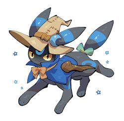  absurdres alternate_color animal_focus animal_hands aqua_bow black_fur blue_capelet blue_fur bow bowtie brown_hat capelet closed_mouth clothed_pokemon crescent facial_mark fang forehead_mark full_body hat highres looking_at_viewer no_humans orange_bow orange_bowtie pokemon pokemon_(creature) pokemon_focus shiny_pokemon simple_background skin_fang solo staff standing star_(symbol) tail tail_bow tail_ornament umbreon white_background witch_hat yellow_eyes yumeminoideyu2 
