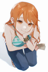  1girl bangle banknote bare_shoulders bikini bikini_top_only blue_pants bracelet breasts closed_mouth commentary_request denim from_above full_body green_bikini hand_on_own_cheek hand_on_own_face highres holding holding_money jeans jewelry large_breasts log_pose long_hair looking_at_viewer machida_0906 money nami_(one_piece) one_piece orange_eyes orange_hair pants sandals sidelocks smile solo squatting swimsuit white_background 