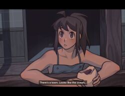  1girl ahoge apron blue_apron commentary derivative_work dumpling english_text flat_chest food gluca highres holding holding_food letterboxed ogino_chihiro ponytail screenshot_redraw sen_to_chihiro_no_kamikakushi shouji signature sliding_doors solo subtitled upper_body 