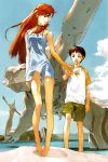  background bandages barefoot beach boy cross dress eyepatch female highres ikari_shinji long_hair long_legs male mecha neon_genesis_evangelion ocean raglan_sleeves red_hair redhead ruins sand scenery short_hair skinny souryuu_asuka_langley statue young 