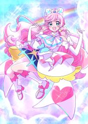  1girl above_clouds ascot blue_bow boots bow braid brooch clouds commentary cure_prism day dress dress_bow earrings elbow_gloves floating glove_bow gloves green_eyes hair_bow heart highres hirogaru_sky!_precure jewelry knee_boots layered_dress legs_up long_hair looking_at_viewer magical_girl medium_dress momo02634 nijigaoka_mashiro open_mouth outdoors pink_hair precure rainbow side_braids sleeveless sleeveless_dress smile solo sparkle very_long_hair w_arms white_ascot white_boots white_bow white_dress white_gloves wing_brooch 