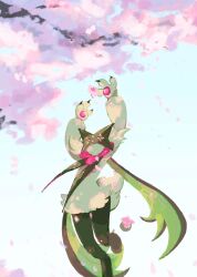  1other animal_hands blue_background body_fur cape cherry_blossoms claws closed_mouth draw_pann33 fang flower full_body furry green_fur green_hair half-closed_eyes highres looking_at_object mask meowscarada other_focus pawpads pink_eyes pink_flower pink_petals pokemon pokemon_(creature) short_hair short_tail simple_background skin_fang solo standing tail two-tone_fur 