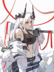  1girl absurdres arknights black_horns black_sports_bra demon_horns eien_001 hammer highres holding holding_hammer horns jumpsuit long_hair material_growth mudrock_(arknights) mudrock_(elite_ii)_(arknights) open_jumpsuit oripathy_lesion_(arknights) pointy_ears red_eyes sledgehammer solo sports_bra war_hammer weapon white_hair white_jumpsuit 