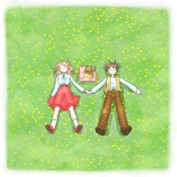  1boy 1girl brown_hair brown_pants brown_shoes brown_vest closed_eyes commentary_request field full_body holding_hands lowres lying oekaki on_back on_ground original pants radio red_shoes red_skirt shirt shoes short_hair skirt tororo_(16763) vest white_shirt 