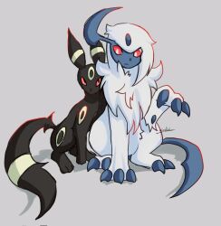  absol animal_focus black_fur body_fur bright_pupils claws colored_sclera highres horns looking_at_viewer mane neck_fur no_humans pokemon pokemon_(creature) pokemon_focus red_eyes red_sclera simple_background single_horn soruva_359 tail umbreon white_fur white_pupils 
