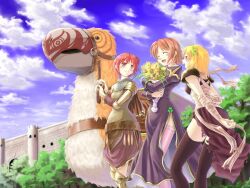  3girls armor armored_dress assassin_(ragnarok_online) bandages_over_clothes bird black_thighhighs blonde_hair blue_sky blush bouquet brown_skirt castle chainmail closed_eyes closed_mouth clouds clover commentary_request dress feet_out_of_frame flower hair_ornament hairclip holding holding_bouquet holding_reins juliet_sleeves knight_(ragnarok_online) long_sleeves looking_at_another medium_hair multiple_girls open_mouth opencanvas_(medium) orange_eyes outdoors pauldrons peco_peco pink_hair pink_thighhighs priest_(ragnarok_online) puffy_sleeves purple_dress purple_shirt purple_skirt ragnarok_online reins shirt short_hair shoulder_armor side_slit skirt sky sleeveless sleeveless_shirt smile standing star_(symbol) star_hair_ornament thigh-highs tororo_(16763) tree yellow_flower 