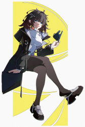  1girl arknights arknights:_endfield black_coat black_hair black_shoes blue_eyes breasts brown_pantyhose coat collared_sweater commentary crossed_legs diamond-shaped_pupils diamond_(shape) endministrator_(arknights) female_endministrator_(arknights) full_body hair_ornament hand_up highres holding holding_mask long_sleeves looking_at_viewer mask medium_hair open_clothes open_coat open_mouth pantyhose postalworks removing_shoes shoes sidelocks simple_background sitting solo sweater symbol-shaped_pupils white_background white_sweater yellow_background 