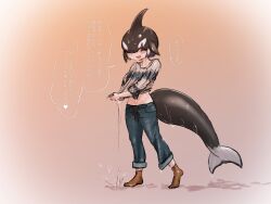  1girl absurdres black_hair blowhole blue_sweater blush brown_socks casual cetacean_tail denim dorsal_fin fins fish_tail grey_sweater hair_over_one_eye head_fins highres jeans kemono_friends long_sleeves midriff_peek nadegiri no_shoes official_alternate_costume open_mouth orca_(kemono_friends) pants short_hair smile socks solo sweater tail translation_request two-tone_sweater water_drop wet wet_clothes whale_girl white_hair wringing_clothes yellow_eyes 