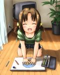  blush brown_hair closed_eyes color_pencil colored_pencil drawing kneeling loli pencil pigtails television twintails 