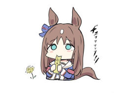  1girl animal_ears blue_bow blue_jacket bow brown_hair chibi cropped_torso ear_bow flower grass_wonder_(stone-piercing_blue)_(umamusume) grass_wonder_(umamusume) holding horse_ears horse_girl horse_tail jacket kawamochi_(kawauti919) long_hair multicolored_hair sailor_collar simple_background solo striped_bow tail translation_request two-tone_hair umamusume upper_body very_long_hair white_background white_hair white_sailor_collar yellow_flower 