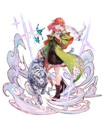  1girl absurdres bird black_skirt blue_butterfly boots brown_boots bug butterfly capelet collared_shirt commentary dms fantasy flower green_capelet green_robe grin hair_flower hair_ornament hashtag-only_commentary hasunosora_fantasy highres hinoshita_kaho link!_like!_love_live! long_sleeves looking_at_viewer love_live! medium_hair miniskirt official_alternate_costume orange_hair owl robe shirt skirt smile solo sparkle tiger virtual_youtuber white_flower white_shirt 