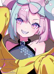  1girl blue_hair bow-shaped_hair hair_between_eyes iono_(pokemon) jacket long_hair long_sleeves looking_at_viewer multicolored_hair open_mouth pink_eyes pink_hair pokemon pokemon_sv sharp_teeth smile solo tatejima_uri teeth two-tone_hair upper_body yellow_jacket 