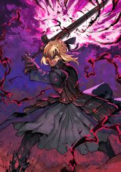  1girl absurdres armor armored_dress artoria_pendragon_(fate) black_armor black_dress blonde_hair corruption dark_persona dress excalibur_morgan_(fate) fate/stay_night fate_(series) gauntlets heaven&#039;s_feel highres holding holding_sword holding_weapon mariosdalart one_eye_covered saber_alter short_hair solo standing sword visor_(armor) weapon yellow_eyes 