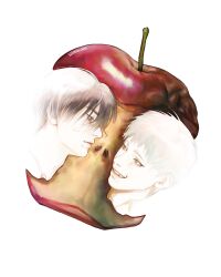  2boys apple apple_core appletrend artist_name bitten_apple black_hair closed_mouth disembodied_head fang food food_bite fruit hanin_nie highres hikaru_ga_shinda_natsu indou_hikaru lips male_focus mole mole_on_cheek mole_under_eye multiple_boys multiple_moles nose red_pupils short_hair teeth tsujinaka_yoshiki white_hair 