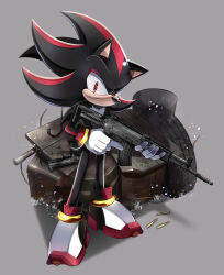  1boy ak-12 animal_ears animal_nose assault_rifle black_fur body_fur bracelet bullet closed_mouth furry furry_male gloves gold_bracelet grey_background gun handgun hedgehog_boy highres holding holding_gun holding_weapon jewelry kalashnikov_rifle looking_at_viewer male_focus multicolored_fur pl-15 r131q red_eyes red_fur rifle shadow_the_hedgehog shadow_the_hedgehog_(game) shoes short_tail simple_background solo sonic_(series) standing tail two-tone_fur weapon white_gloves 