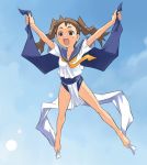  blush brown_eyes brown_hair flying happy long_hair maruto maruto! no_pants school_swimsuit school_uniform serafuku sky solo swimsuit swimsuit_under_clothes twintails 