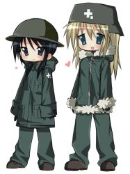  2girls black_eyes black_gloves black_hair blonde_hair blue_eyes brodie_helmet brown_shoes chito_(shoujo_shuumatsu_ryokou) coat combat_helmet dopamineadict1 fur-trimmed_coat fur_trim gloves green_coat green_pants heart helmet long_hair long_sleeves low_twintails lucky_star military_uniform multiple_girls open_mouth pants shoes shoujo_shuumatsu_ryokou stahlhelm twintails white_background yoshimizu_kagami_(style) yuuri_(shoujo_shuumatsu_ryokou) 