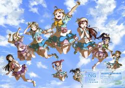  6+girls :d ;o ahoge aqua_eyes arms_up beret black_hair blonde_hair blue_dress blue_eyes blue_hair blue_sky blunt_bangs bow braid brown_hair clenched_hands clouds commentary_request crown_braid day dress everyone falling flower frilled_dress frilled_socks frills grey_hair hair_bow hair_flower hair_ornament hair_rings hat high_ponytail highres kimi_no_kokoro_wa_kagayaiteru_kai? kunikida_hanamaru kurosawa_dia kurosawa_ruby long_hair looking_at_another love_live! love_live!_sunshine!! matsuura_kanan medium_hair mini_hat mini_top_hat mole mole_under_mouth multiple_girls ohara_mari one_eye_closed one_side_up open_mouth orange_hair outstretched_arms ponytail puffy_short_sleeves puffy_sleeves purple_dress red_eyes red_flower red_hair sakurauchi_riko short_dress short_sleeves sidelocks single_hair_ring sky sleeveless sleeveless_dress smile socks spread_arms takami_chika teeth tilted_headwear top_hat tsushima_yoshiko two_side_up upper_teeth_only watanabe_you watermark white_flower white_hat white_socks yellow_bow yellow_eyes yousolo 