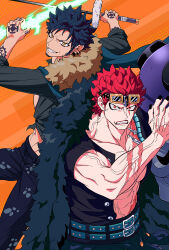  2boys abs arm_tattoo belt belt_buckle biceps black_hair black_nails black_pants black_shirt blue_belt blue_coat buckle buttons clenched_teeth coat coat_on_shoulders collarbone collared_shirt commentary_request earrings eustass_kid facial_hair fangs finger_tattoo fingernails flower_tattoo fur-trimmed_coat fur_coat fur_trim goatee goggles goggles_on_head gold_earrings grey_shirt grin hands_up highres holding holding_sword holding_weapon jewelry katana large_pectorals lightning long_sleeves looking_at_viewer male_focus mechanical_arms multiple_boys muscular muscular_male nail_polish one_piece open_clothes open_shirt orange_background pants pectoral_cleavage pectorals red_eyes red_hair red_lips scar scar_across_eye scar_on_arm scar_on_chest scar_on_face scar_on_neck shirt short_hair short_sleeves sideburns single_mechanical_arm sleeves_rolled_up smile spiky_hair sword tattoo teeth trafalgar_law v-shaped_eyebrows veins weapon yakumo_(ykm) yellow_eyes 