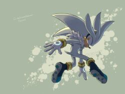  1boy 3582y animal_ears animal_nose body_fur boots bracelet commentary_request full_body furry furry_male gloves gold_bracelet grey_fur hedgehog_boy highres jewelry jumping looking_at_viewer male_focus neck_fur short_tail silver_the_hedgehog simple_background smile sonic_(series) tail watermark white_fur white_gloves yellow_eyes 