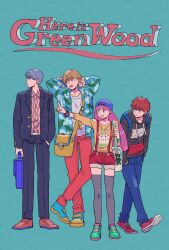  4boys amanojaku_mm androgynous backpack backwards_hat bag black_jacket blue_background blue_bag blue_pants blue_shirt brown_hair clothes_writing collarbone commentary_request copyright_name drawstring earrings full_body green_shoes happy_birthday hasukawa_kazuya hat highres holding holding_bag hood hood_down hoodie ikeda_mitsuru jacket jewelry kisaragi_shun koko_wa_greenwood long_hair looking_to_the_side male_focus multiple_boys open_mouth pants pink_hair pointing pointing_forward red_eyes red_hair red_pants red_shoes red_shorts shirt shoes short_hair shorts sneakers suspender_shorts suspenders tezuka_shinobu white_bag white_shirt yellow_bag 