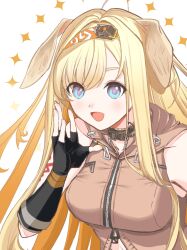  1girl :d animal_ears arknights bare_shoulders black_gloves blonde_hair blue_eyes brigid_(arknights) brown_jacket chinese_commentary commentary_request dog_ears dog_girl elbow_gloves eyes_visible_through_hair fang fingerless_gloves gloves gradient_hair hair_intakes hairband hand_up highres jacket light_blush long_hair looking_at_viewer multicolored_hair open_mouth orange_hair orange_hairband pink_pupils sallyface512 simple_background sleeveless sleeveless_jacket smile solo sparkle two-tone_hair upper_body white_background zipper 