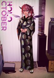  1girl absurdres black_horns black_kimono blue_eyes cd_case crystal_wings detached_wings heterochromia highres hololive hololive_english horns indoors irys_(hololive) japanese_clothes ken-sama_(meme) kimono looking_at_viewer meme mokuka_noe own_hands_together photo-referenced pointy_ears purple_hair red_streaks sandals solo standing tabi takodachi_(ninomae_ina&#039;nis) television violet_eyes virtual_youtuber wings zouri 