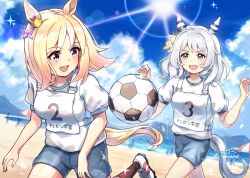  2girls absurdres animal_ears ball beach black_socks blonde_hair blue_shorts blue_sky blush breasts brown_eyes cleats clouds days ear_covers ear_ornament grey_hair hair_ornament highres hiro5000_tama hishi_miracle_(umamusume) horse_ears horse_girl horse_tail medium_hair multiple_girls multiple_others narita_top_road_(umamusume) ocean open_mouth outdoors race_bib shirt shoes short_hair short_sleeves shorts single_ear_cover sky smile soccer soccer_ball socks sun tail umamusume umbrella violet_eyes water white_shirt 