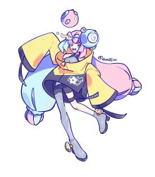  1girl :d blue_hair bow-shaped_hair full_body garatechi grey_pantyhose highres iono_(pokemon) jacket long_sleeves looking_at_viewer multicolored_hair open_mouth pantyhose pink_hair pokemon pokemon_sv sharp_teeth single_leg_pantyhose sleeves_past_fingers sleeves_past_wrists smile solo teeth thigh_strap twintails twitter_username two-tone_hair upper_teeth_only wide_sleeves yellow_jacket 