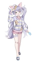  1girl absurdres ahoge aran_sweater arm_at_side arm_up bandaid bandaid_on_cheek bandaid_on_face bandaid_on_knee bandaid_on_leg blue_eyes blush bright_pupils cable_knit commentary fang flower fluffy_tail food food_bite frilled_thigh_strap full_body garter_straps hair_flower hair_ornament hairclip heart heart_hair_ornament heterochromia highres holding holding_food holding_popsicle ies_0 long_hair long_sleeves looking_at_viewer open_mouth parallel_hairclips parted_bangs pink_shorts pleated_shorts popsicle purple_hair sandals short_shorts shorts simple_background single_garter_strap skin_fang smile solo stellive straight-on striped_clothes striped_sweater sweat sweater tenko_shibuki thigh_strap twintails very_long_hair virtual_youtuber walking white_background white_flower white_garter_straps wing_collar yellow_eyes yellow_flower 