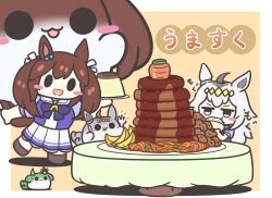  2girls animal animal_ears animalization assist_(2828) blue_eyes blush_stickers bow bowl bowtie brown_background brown_hair carrot carrot_hamburger_steak chibi chibi_only commentary creature crossover ear_ornament eating ex-keine food glutton grey_hair hair_ribbon hairband highres hishi_akebono_(umamusume) holding holding_bowl holding_food holding_plate holding_weapon horse_ears horse_girl jitome kamishirasawa_keine long_hair meatball multicolored_hair multiple_girls notice_lines oguri_cap_(umamusume) outside_border oversized_animal pasta person_and_animalization plate pleated_skirt potato_wedges pudding puffy_short_sleeves puffy_sleeves purple_bow purple_bowtie purple_shirt ribbon rice rice_bowl sailor_collar sailor_shirt school_uniform shirt short_sleeves skirt solid_circle_eyes solid_oval_eyes spaghetti sukusuku_hakutaku summer_uniform table tablecloth touhou tracen_school_uniform twintails two-tone_hair umamusume weapon white_ribbon white_sailor_collar white_skirt yellow_hairband 