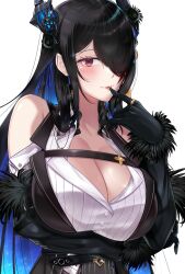  1girl black_bow black_bowtie black_gloves black_hair black_vest blue_hair bow bowtie breast_strap breasts closed_mouth clothing_cutout collared_shirt colored_inner_hair demon_horns dress_shirt feather-trimmed_sleeves flower flower_knot framed_breasts gloves hair_ornament hand_up highres hololive hololive_english horn_flower horns large_breasts liyan1112 long_hair long_sleeves looking_at_viewer mole mole_under_eye multicolored_hair nerissa_ravencroft nerissa_ravencroft_(1st_costume) ribbed_shirt shirt shoulder_cutout sidelocks simple_background slit_pupils solo tassel tassel_hair_ornament two-tone_hair upper_body very_long_hair vest virtual_youtuber white_background white_shirt 