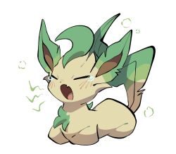  :o animal_focus blush brown_fur cat_loaf closed_eyes fang full_body green_fur leaf leafeon looking_at_viewer no_humans open_mouth pokemon pokemon_(creature) pokemon_focus simple_background skin_fang solo tearing_up white_background yellow_fur yumeminoideyu2 