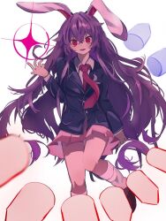  1girl animal_ears black_jacket commentary crazy_eyes crossed_bangs highres jacket long_hair looking_at_viewer necktie parted_lips pink_skirt purple_hair rabbit_ears rabbit_girl red_eyes red_necktie reisen_udongein_inaba skirt socks solo touhou uzuk1_03 white_socks 