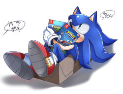  1boy animal_ears animal_nose blue_fur box cameo cardboard_box full_body furry furry_male gloves green_eyes hedgehog_boy highres holding in_box in_container knuckles_the_echidna korean_text male_focus r131q red_shoes shoes simple_background solo sonic_(series) sonic_superstars sonic_the_hedgehog sonic_the_hedgehog_(classic) speech_bubble tails_(sonic) translation_request video_game white_background white_gloves 