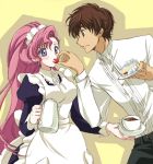  brown_hair butler cake code_geass enmaided euphemia_li_britannia feeding food fruit green_eyes kurimomo kururugi_suzaku long_hair maid pastry pink_hair ponytail purple_eyes strawberry tea violet_eyes 