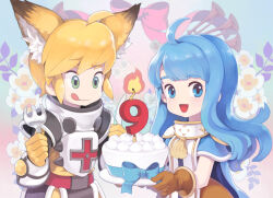  :d ahoge animal_ear_fluff animal_ears armor artist_request asgard blonde_hair blue_bow blue_cape blue_eyes blue_hair bodysuit bow brown_gloves cake candle cape closed_mouth colorful_background cowboy_shot fire flower food fork fox_boy fox_ears gloves green_eyes green_flower hair_ears holding holding_fork instrument long_hair looking_at_food looking_at_viewer nexon no_nose number_candle official_art open_mouth pauldrons red_bow second-party_source short_hair shoulder_armor smile tabard tassel tongue tongue_out trumpet white_flower white_tabard yellow_bodysuit yellow_sleeves 