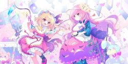  2girls alternate_costume apron aqua_shirt aruya_(flosrota) ascot back_bow bamboo black_socks blonde_hair bow bubble_skirt cosplay crystal crystal_wings cup falling_petals flandre_scarlet flandre_scarlet_(psuedo-servant:_nishita) frilled_skirt frills game_cg hat hata_no_kokoro hata_no_kokoro_(pseudo-servant:_teireita) highres holding holding_cup holding_teapot laevatein_(touhou) long_hair long_sleeves mask mask_on_head mob_cap multicolored_wings multiple_girls myouga_(plant) naginata nishida_satono nishida_satono_(cosplay) noh_mask official_art okina_mask one_side_up open_mouth petals pink_hair pink_petals pink_skirt plaid_clothes plaid_shirt polearm puffy_short_sleeves puffy_sleeves red_eyes shirt short_sleeves skirt skirt_cutout smile socks stuffed_animal stuffed_rabbit stuffed_toy teacup teapot teddy_bear teireida_mai teireida_mai_(cosplay) third-party_source touhou touhou_lostword very_long_hair waist_apron weapon white_apron white_hat wings yellow_ascot 