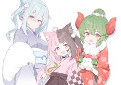  3girls ahoge animal_ear_fluff animal_ears black_choker blue_hair blue_kimono blue_sash blush brown_hair choker closed_mouth commentary crossed_bangs drop_shadow fox_ears fox_girl frilled_sleeves frills green_hair green_sash hagoita hair_bun heart heart-shaped_pupils heart_ahoge highres japanese_clothes kimono long_hair long_sleeves looking_at_viewer multicolored_hair multiple_girls new_year obi open_mouth original paddle pink_eyes pink_hair pink_kimono print_sash red_eyes red_kimono sash short_hair simple_background single_hair_bun split-color_hair star_(symbol) star_print symbol-shaped_pupils two-tone_hair upper_body urotsuki_(ku9625) white_background wide_sleeves 