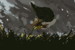  antennae bee black_eyes brown_scarf bug draw_pann33 flower flying full_body grass holding holding_umbrella insect_wings leaf_umbrella looking_up no_humans outdoors pokemon pokemon_(creature) ribombee scarf solo storm_cloud umbrella wings yellow_flower 