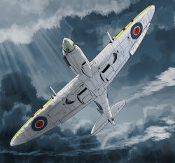  aircraft airplane clouds flying from_below highres matsuda_juukou military_vehicle no_humans original propeller propeller_fighter roundel royal_air_force sky supermarine_spitfire vehicle_focus world_war_ii 