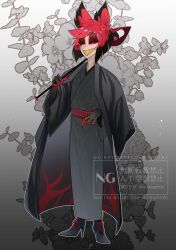  1boy absurdres alastor_(hazbin_hotel) animal_ears black_haori black_kimono black_shoes cane colored_extremities colored_sclera colored_skin colored_teeth deer_ears eyewear_strap flower full_body grey_background grey_skin haori hazbin_hotel hellaverse high_heels highres holding holding_cane japanese_clothes kimono male_focus monocle nonsuger0z obi red_eyes red_hair red_sclera sash shoelaces shoes short_hair smile solo twitter_username yellow_teeth 