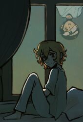  2boys alternate_eye_color bandaged_head bandages bandaid bandaid_on_face basil_(faraway)_(omori) basil_(hospital_gown)_(omori) basil_(omori) bed black_eyes blonde_hair closed_eyes closed_mouth eyepatch highres hospital_bed hospital_gown indoors looking_at_viewer male_focus medical_eyepatch multiple_boys omori ottie_pops pants parted_lips short_sleeves sitting smile spoilers sunny_(hospital_gown)_(omori) sunny_(omori) 